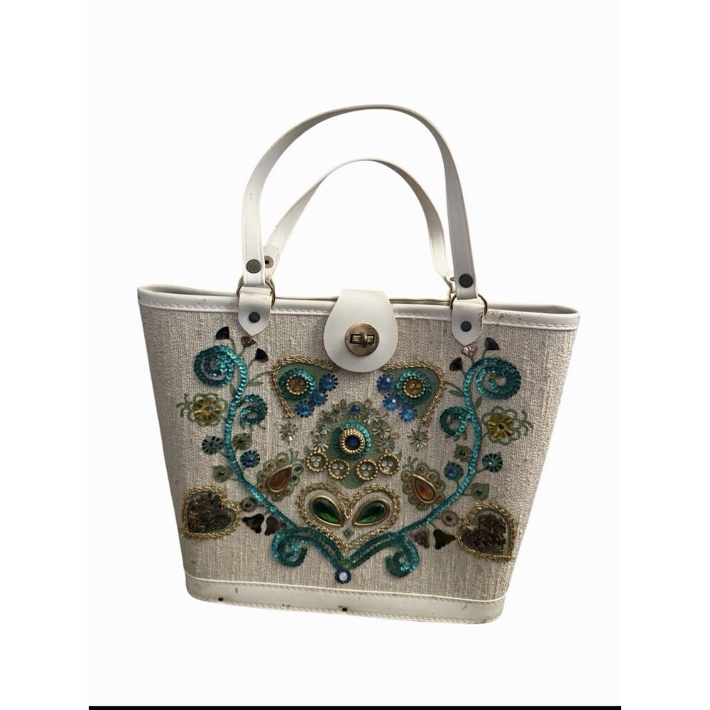Enid COLLINS Embroidered White Tote with Teal and Gold Accents